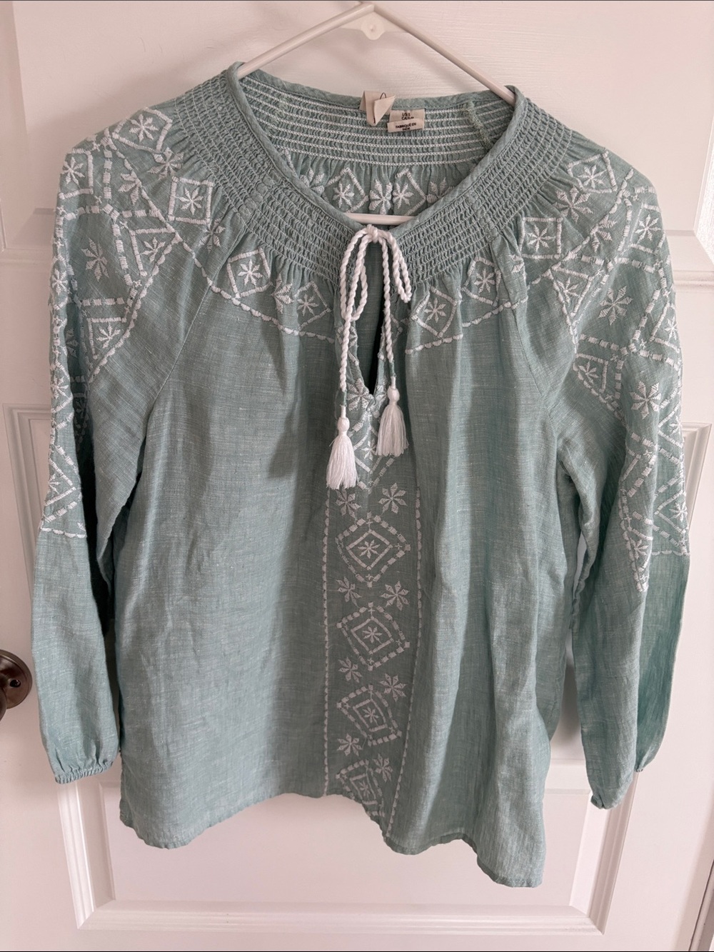 Embroidered Light Green Peasant Top with Tassel Tie